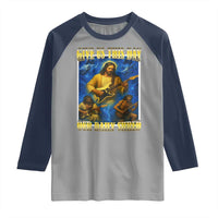 Music Give Us This Day Our Daily Shred Raglan Shirt Funny Jesus Rock Guitar Meme