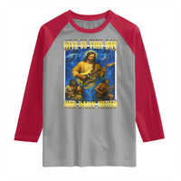Music Give Us This Day Our Daily Shred Raglan Shirt Funny Jesus Rock Guitar Meme