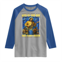 Music Give Us This Day Our Daily Shred Raglan Shirt Funny Jesus Rock Guitar Meme