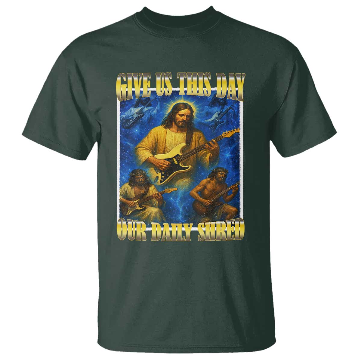 Music Give Us This Day Our Daily Shred T Shirt Funny Jesus Rock Guitar Meme