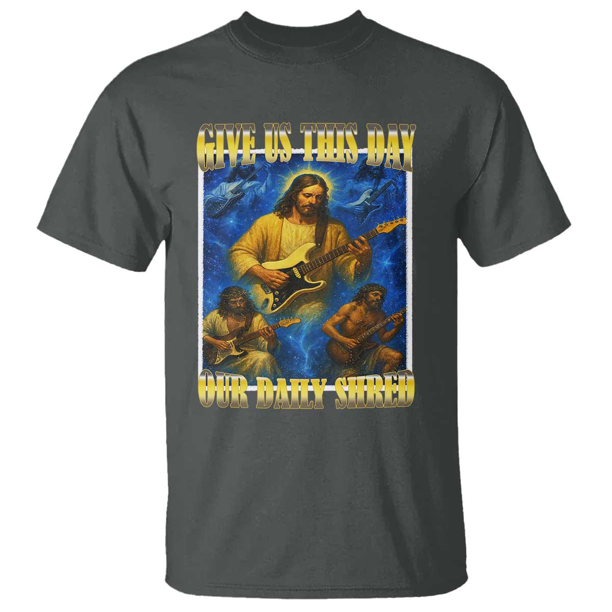 Music Give Us This Day Our Daily Shred T Shirt Funny Jesus Rock Guitar Meme