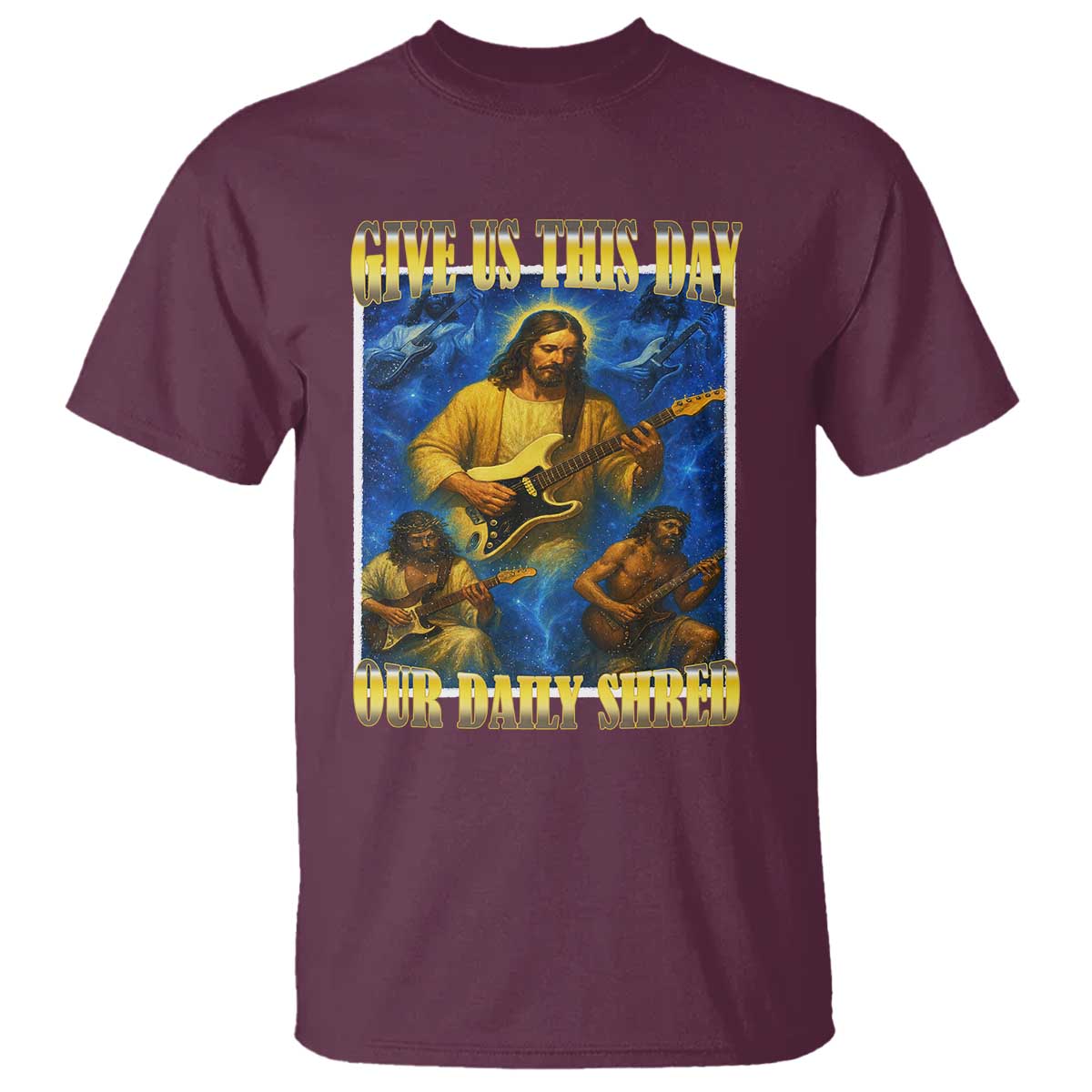 Music Give Us This Day Our Daily Shred T Shirt Funny Jesus Rock Guitar Meme
