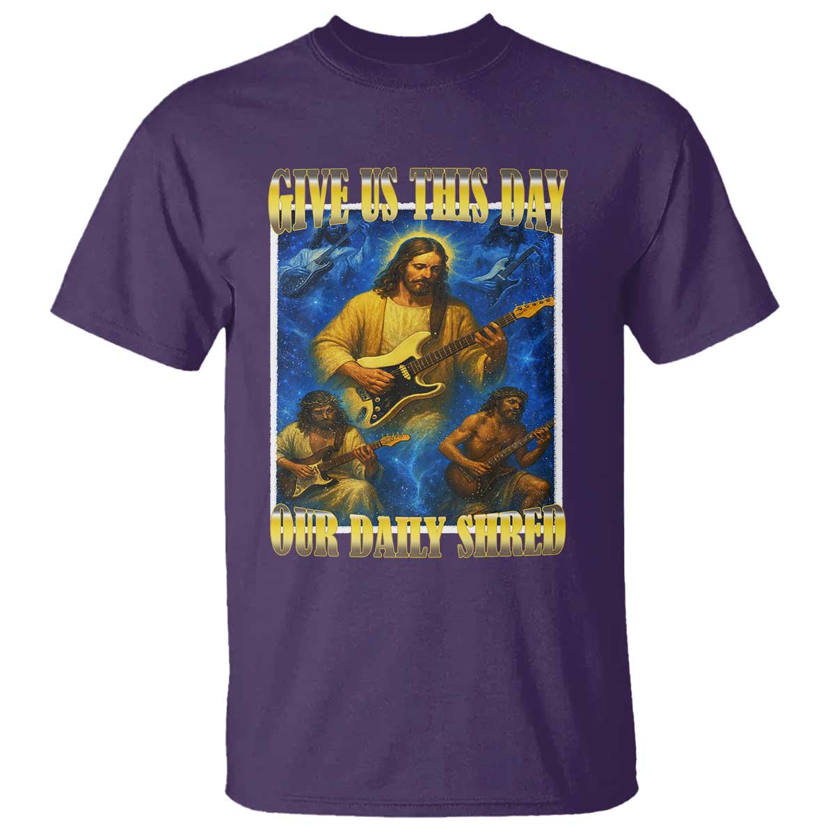 Music Give Us This Day Our Daily Shred T Shirt Funny Jesus Rock Guitar Meme