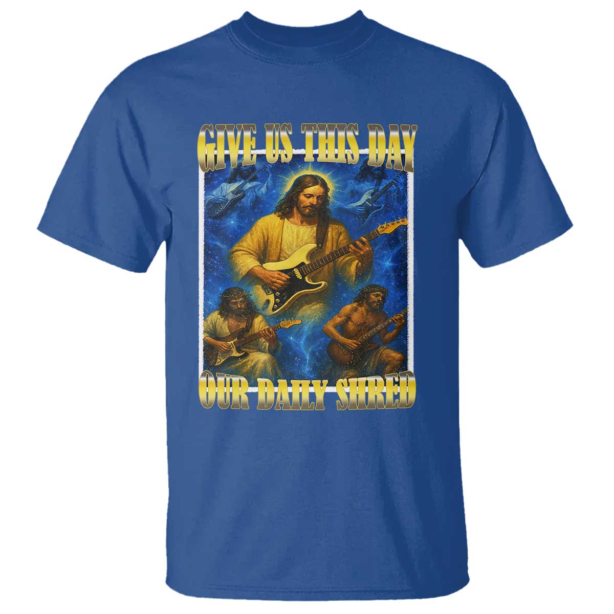 Music Give Us This Day Our Daily Shred T Shirt Funny Jesus Rock Guitar Meme