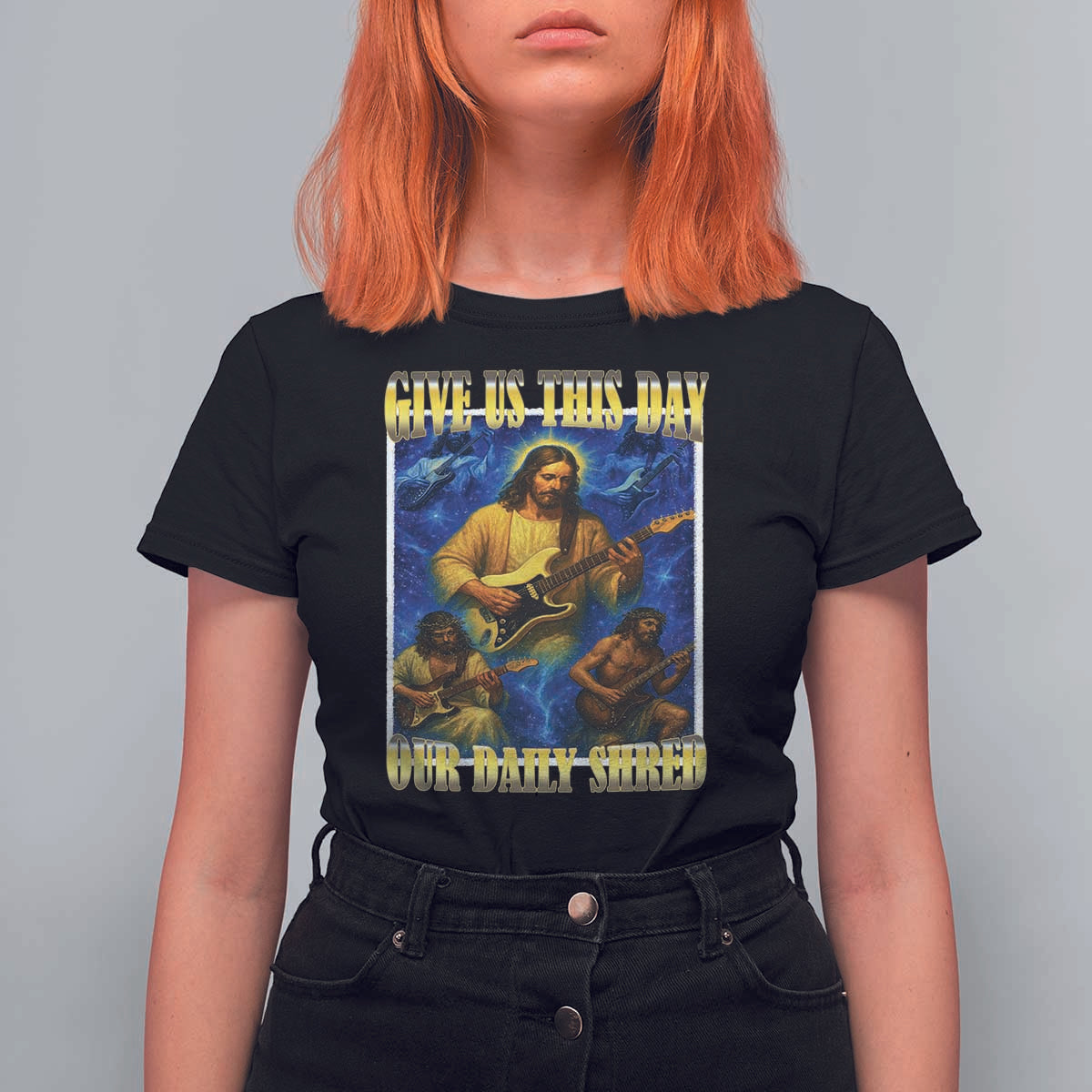 Music Give Us This Day Our Daily Shred T Shirt For Women Funny Jesus Rock Guitar Meme