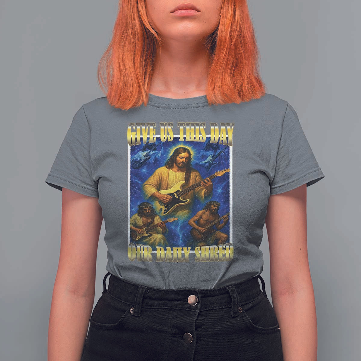 Music Give Us This Day Our Daily Shred T Shirt For Women Funny Jesus Rock Guitar Meme