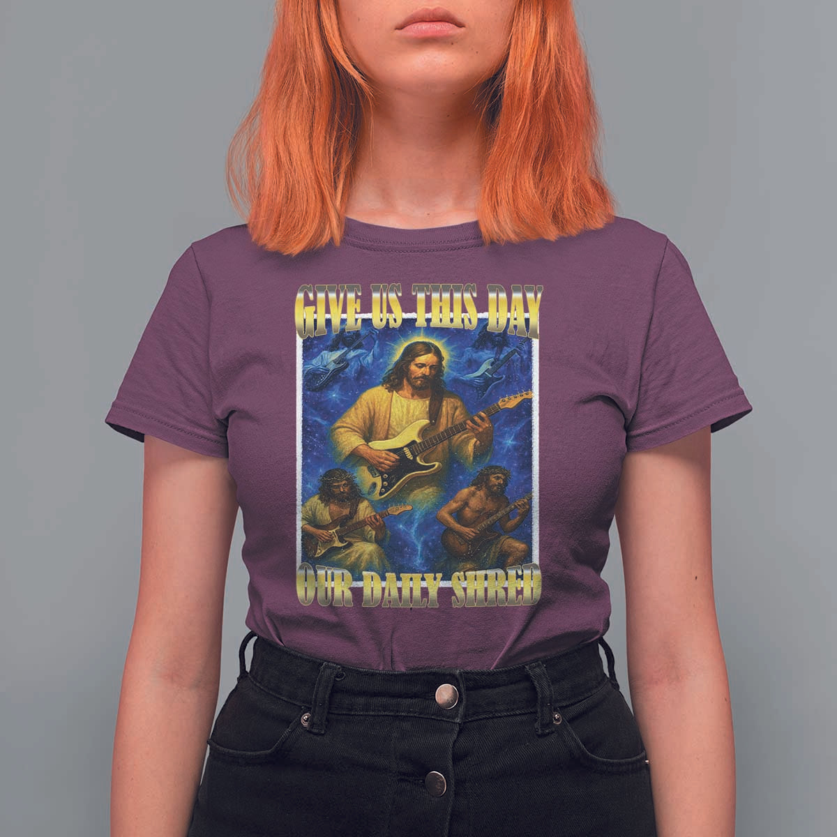 Music Give Us This Day Our Daily Shred T Shirt For Women Funny Jesus Rock Guitar Meme