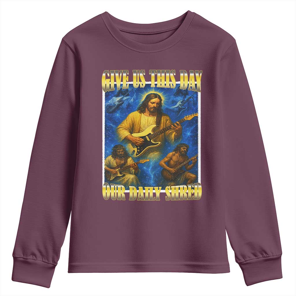 Music Give Us This Day Our Daily Shred Youth Sweatshirt Funny Jesus Rock Guitar Meme