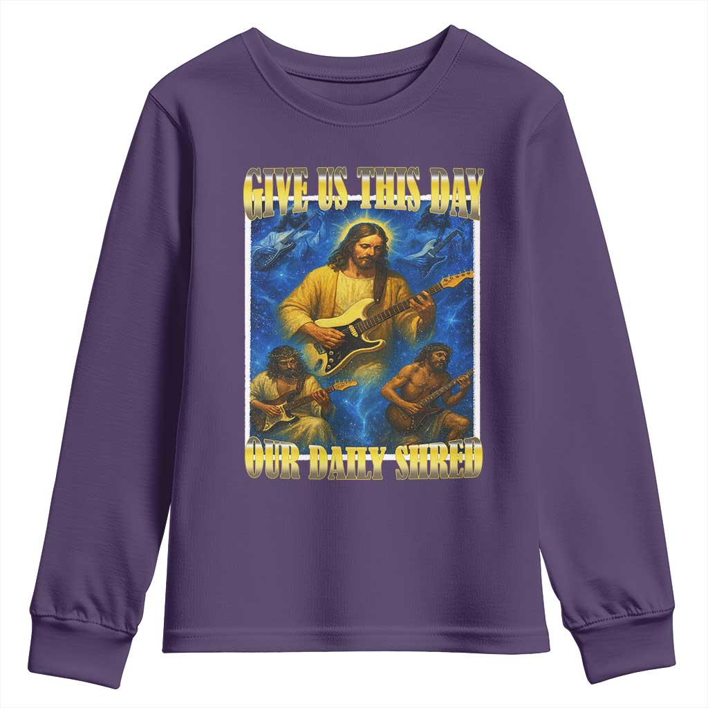 Music Give Us This Day Our Daily Shred Youth Sweatshirt Funny Jesus Rock Guitar Meme
