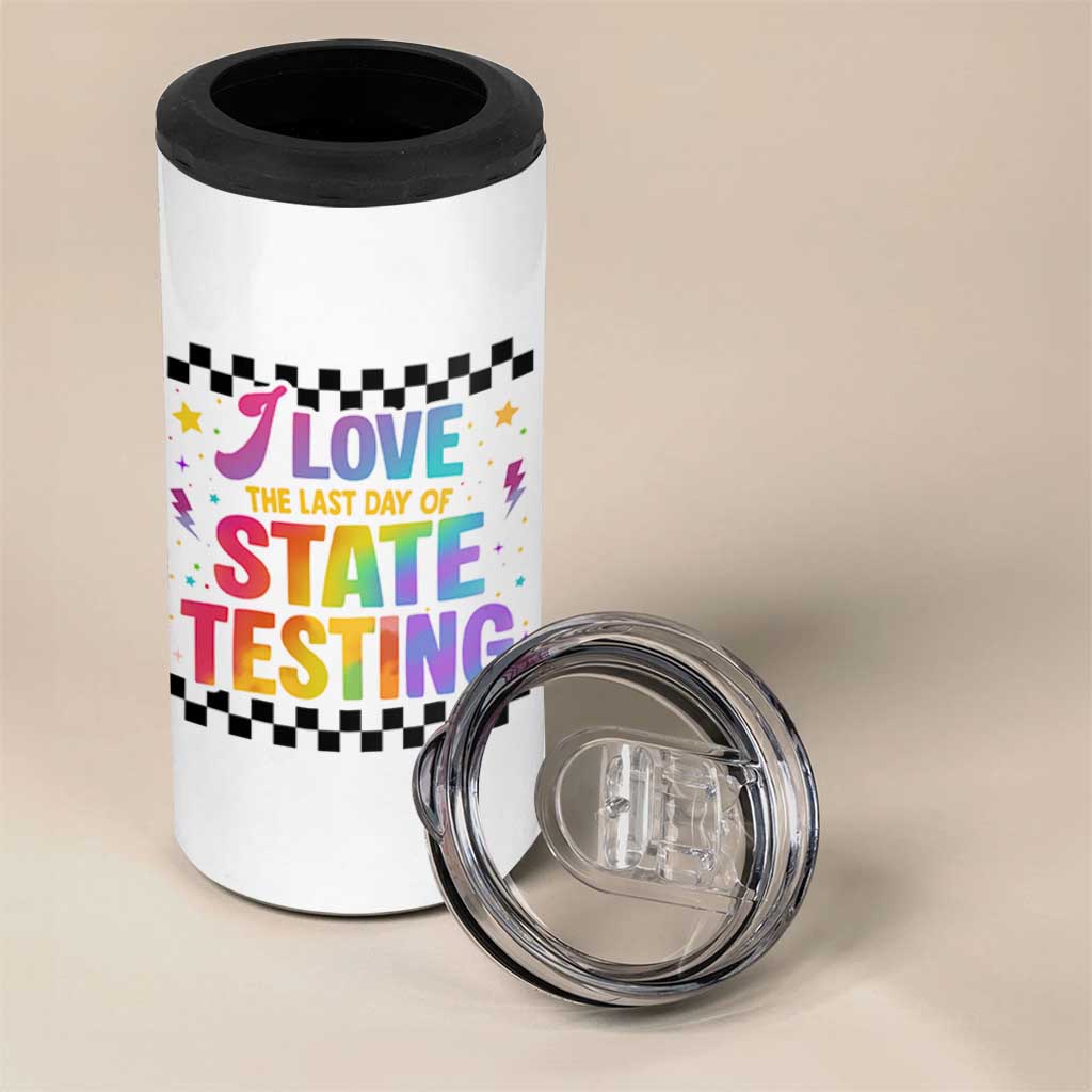 Funny I Love The Last Day Of State Testing 4 in 1 Can Cooler Tumbler Retro Rainbow Test Day Celebration Teacher Student