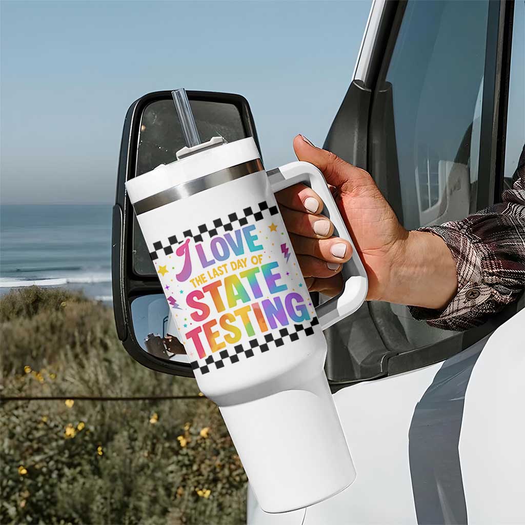 Funny I Love The Last Day Of State Testing Tumbler With Handle Retro Rainbow Test Day Celebration Teacher Student