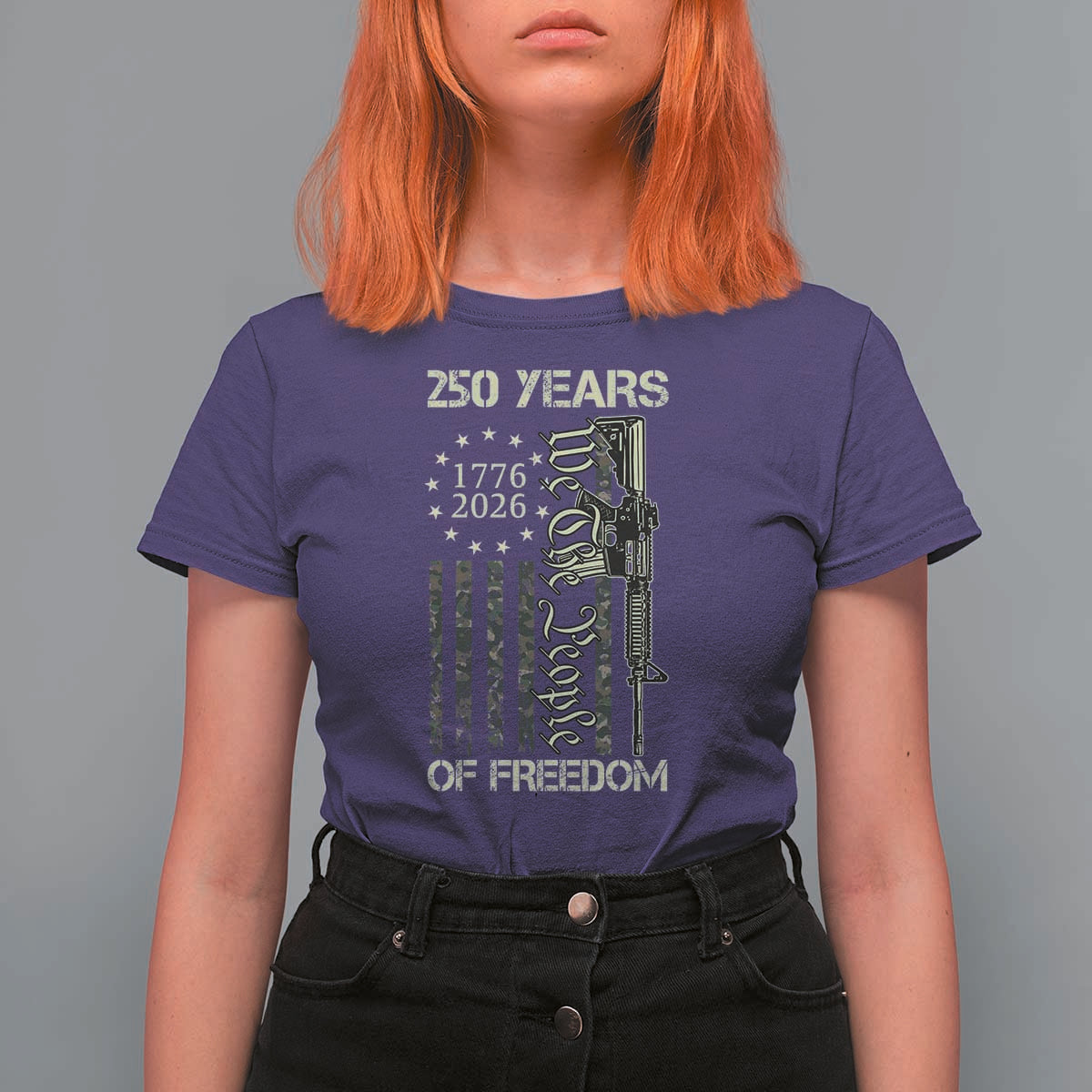 250 Years of Freedom Camo Flag T Shirt For Women We The People Second Amendment 1776-2026 Patriotic