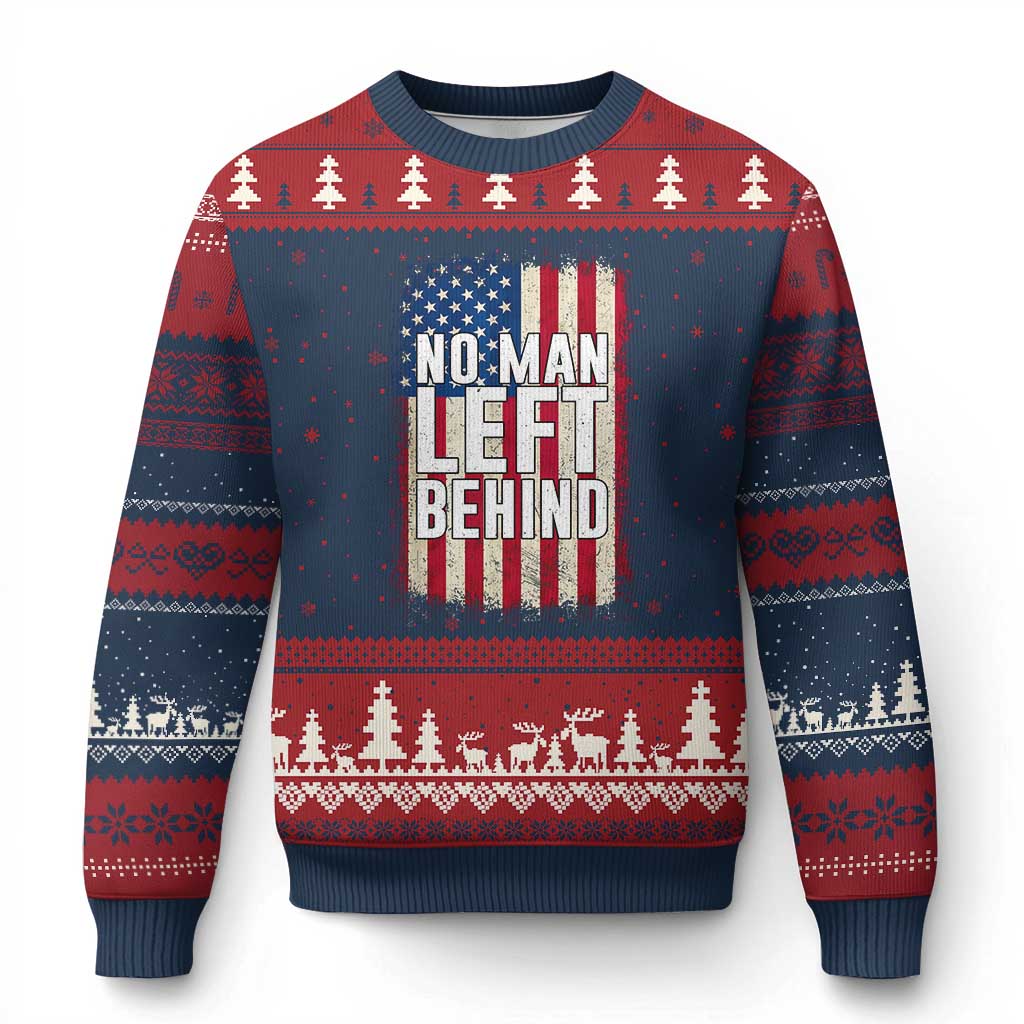 No Man Left Behind Patriotic Ugly Christmas Sweater Distressed American Flag