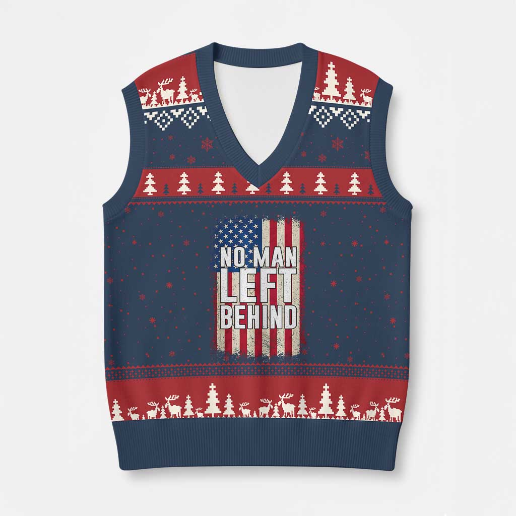 No Man Left Behind Patriotic V-Neck Knit Sweater Vest Distressed American Flag