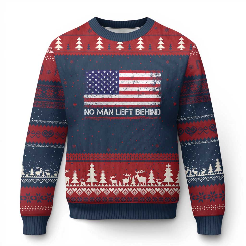 No Man Left Behind Distressed USA Flag Ugly Christmas Sweater Patriotic US Military Brotherhood