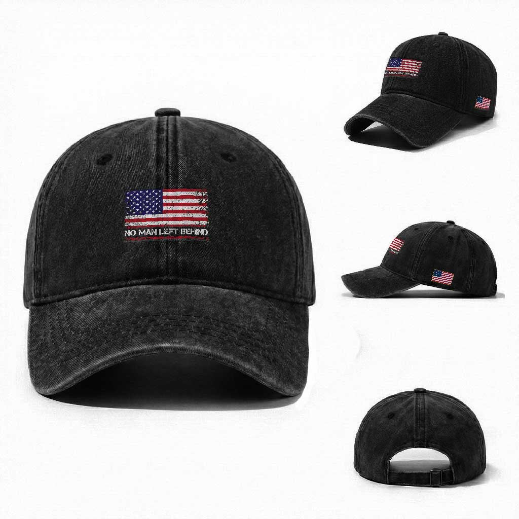No Man Left Behind Distressed USA Flag Washed Cotton Baseball Cap Patriotic US Military Brotherhood