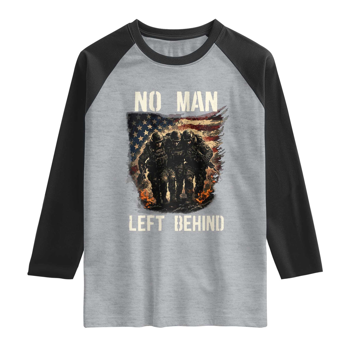 No Man Left Behind Soldiers Brotherhood Raglan Shirt American Flag US Military