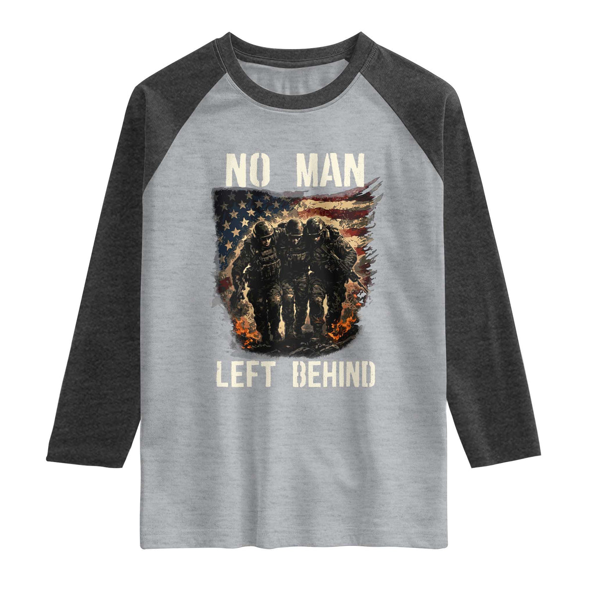No Man Left Behind Soldiers Brotherhood Raglan Shirt American Flag US Military