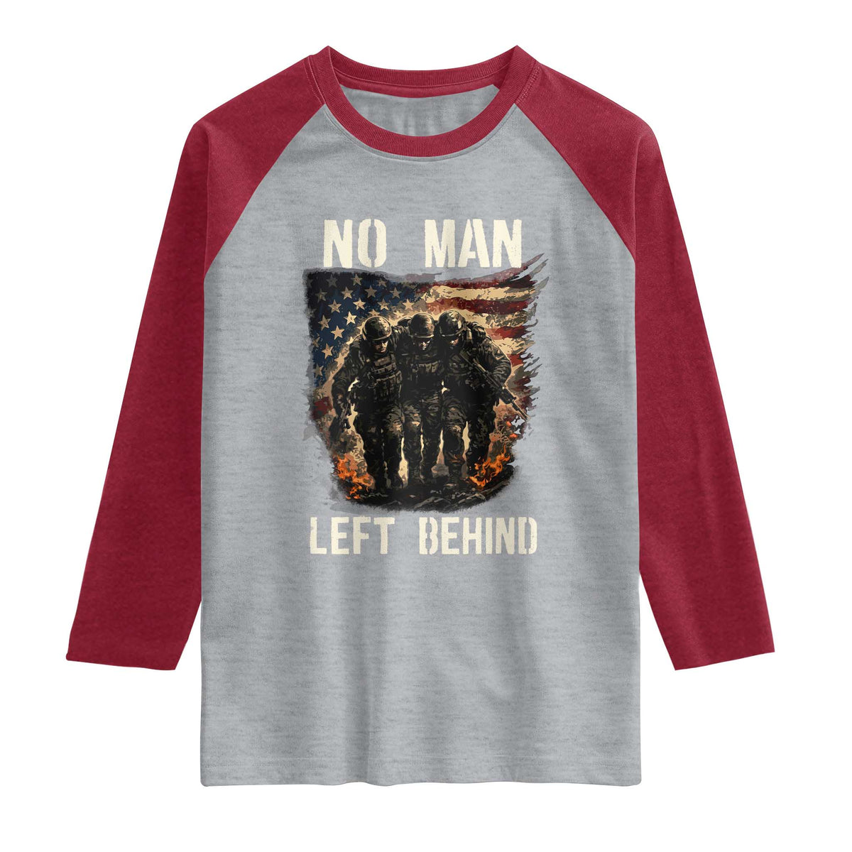 No Man Left Behind Soldiers Brotherhood Raglan Shirt American Flag US Military