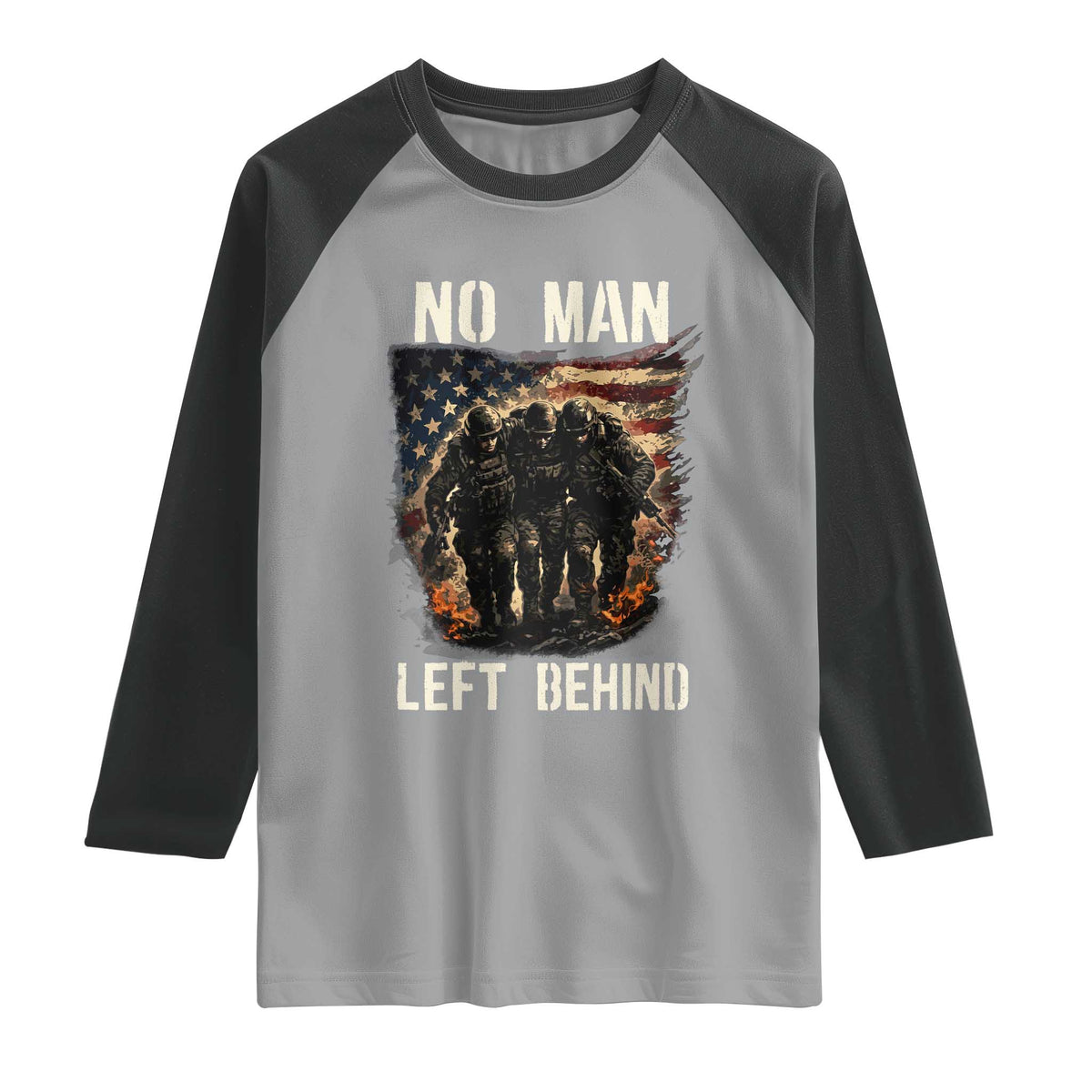 No Man Left Behind Soldiers Brotherhood Raglan Shirt American Flag US Military