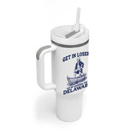Get In Loser We are Crossing The Delaware Tumbler With Handle Funny George Washington Nautical Humor Graphic