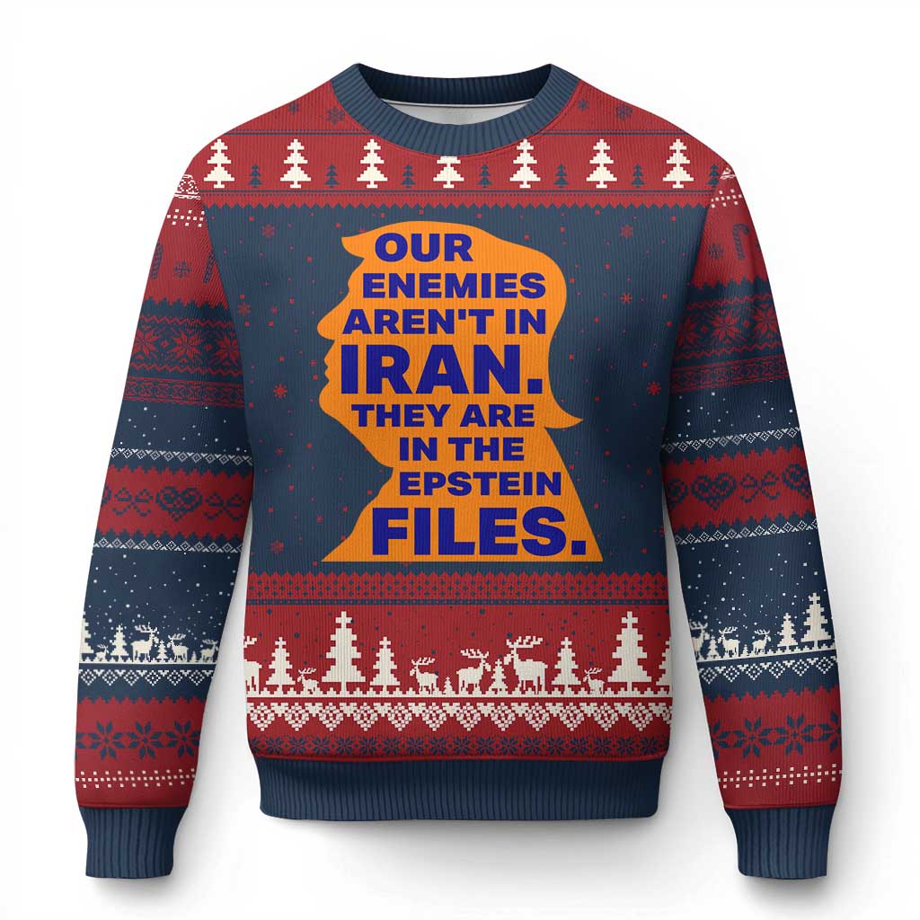Our Enemies Aren't In Iran Ugly Christmas Sweater Epstein Files Silhouette Political Satire