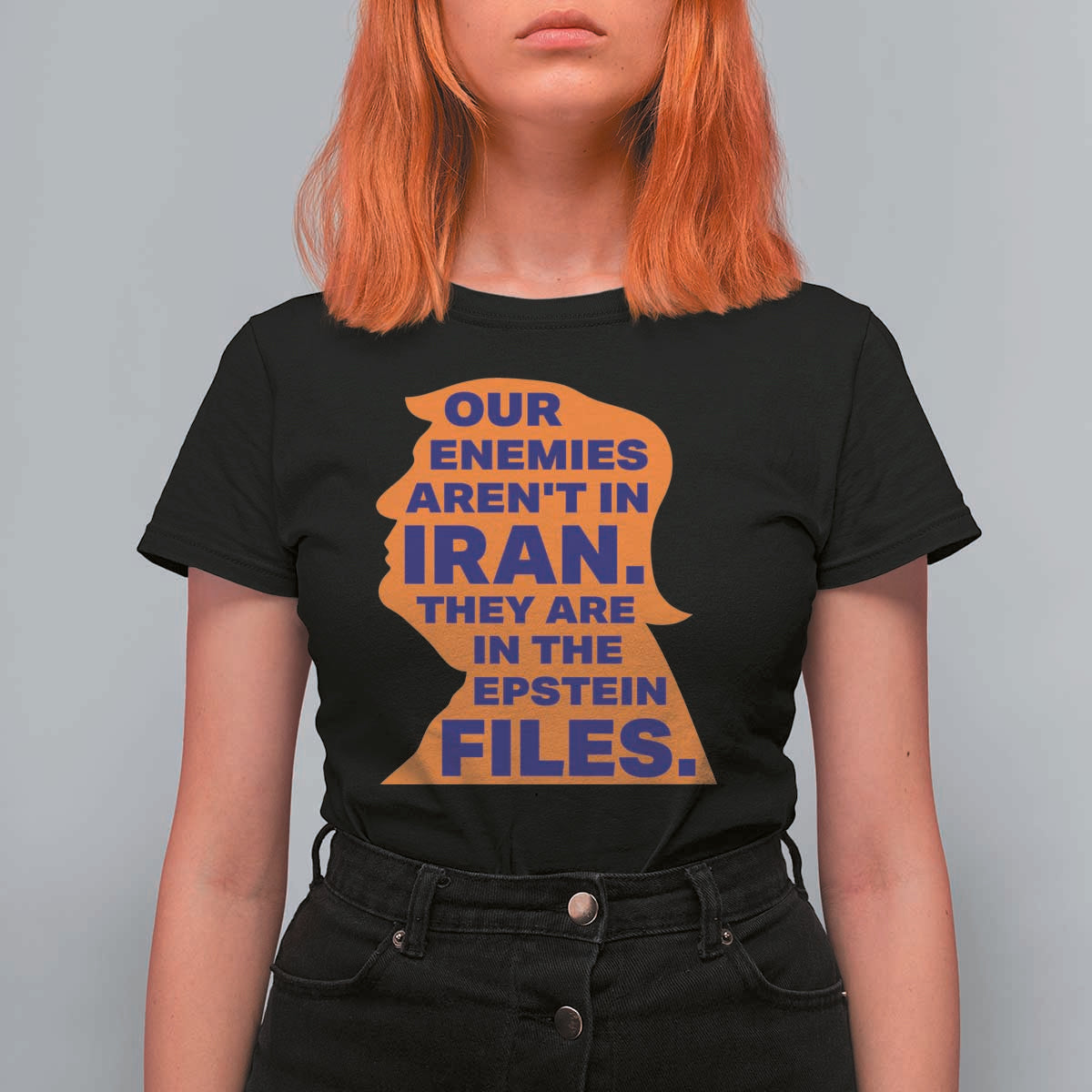 Our Enemies Aren't In Iran T Shirt For Women Epstein Files Silhouette Political Satire