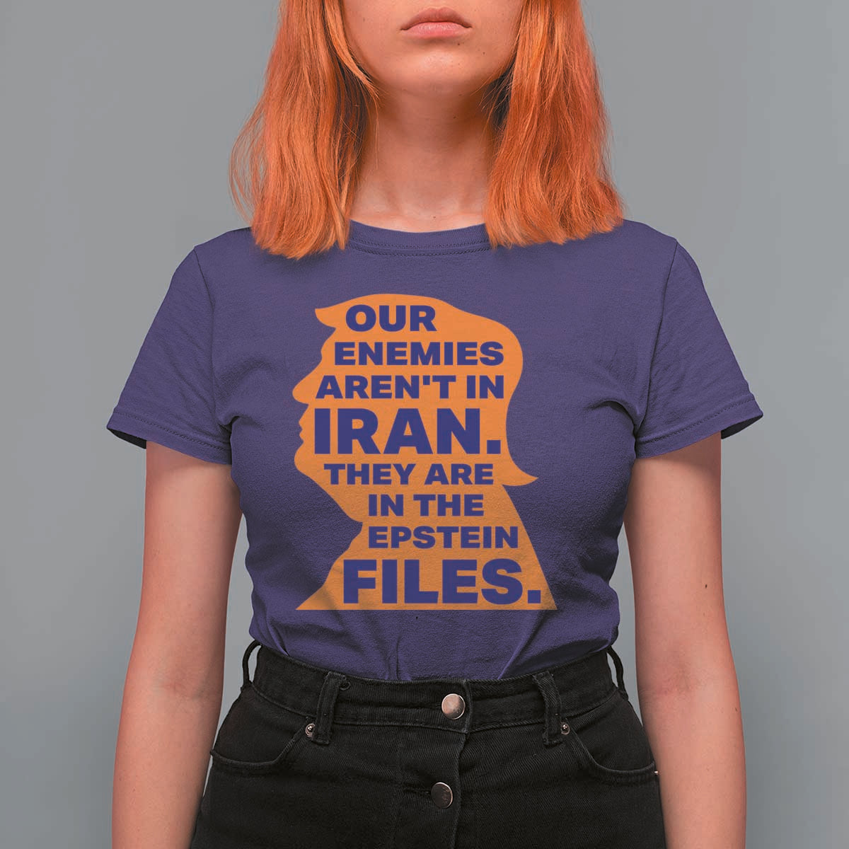 Our Enemies Aren't In Iran T Shirt For Women Epstein Files Silhouette Political Satire