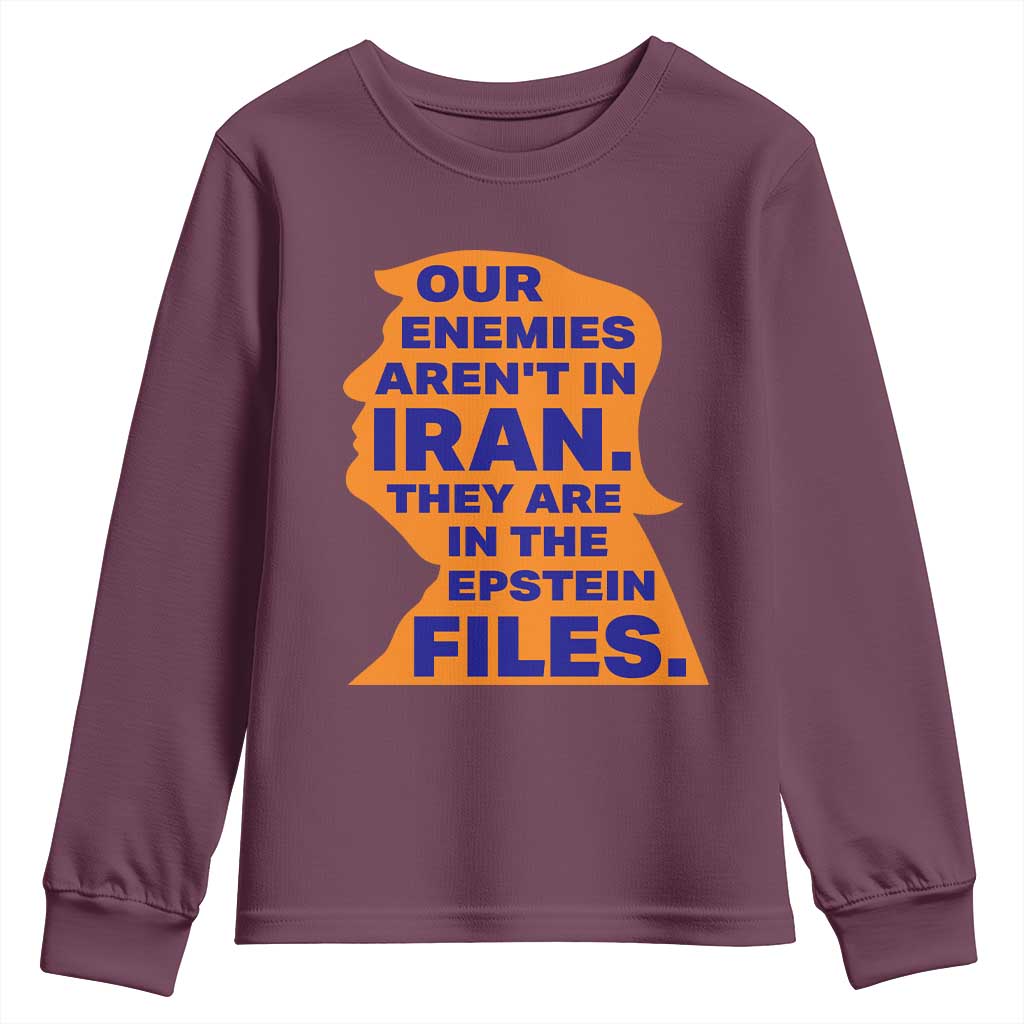 Our Enemies Aren't In Iran Youth Sweatshirt Epstein Files Silhouette Political Satire