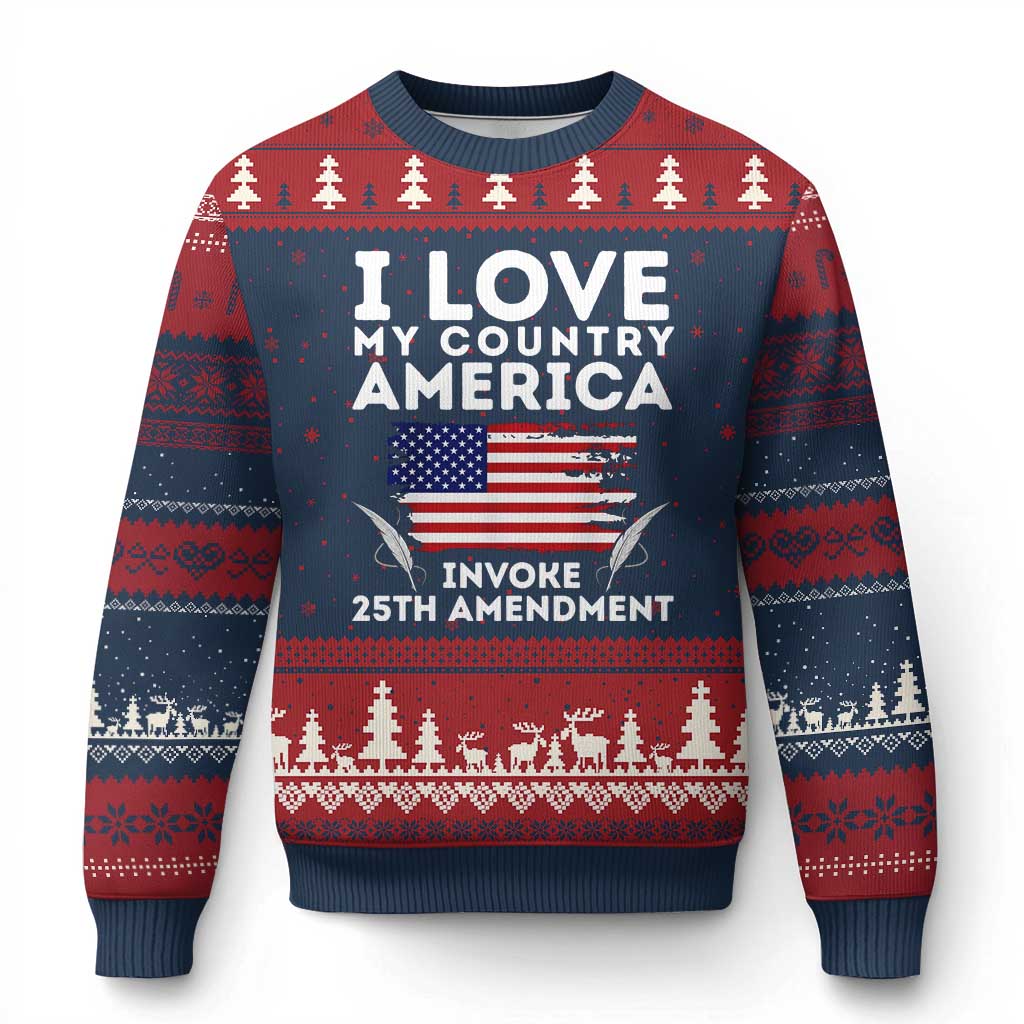 I Love My Country Invoke 25th Amendment Ugly Christmas Sweater Distressed Flag Patriotic Political Satire