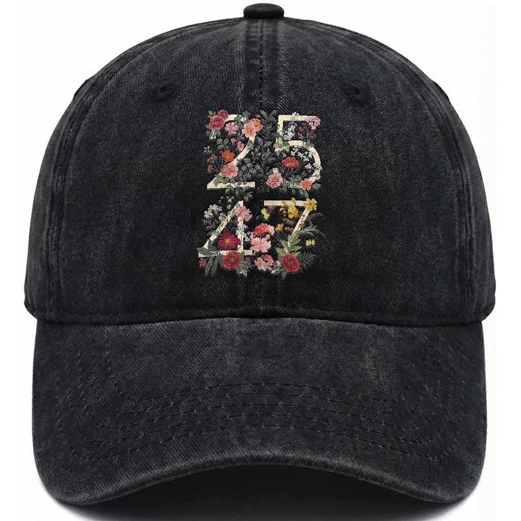 2547 Wildflower Floral Graphic Washed Cotton Baseball Cap Subtle Coded 25th Amendment Political Satire Aesthetic