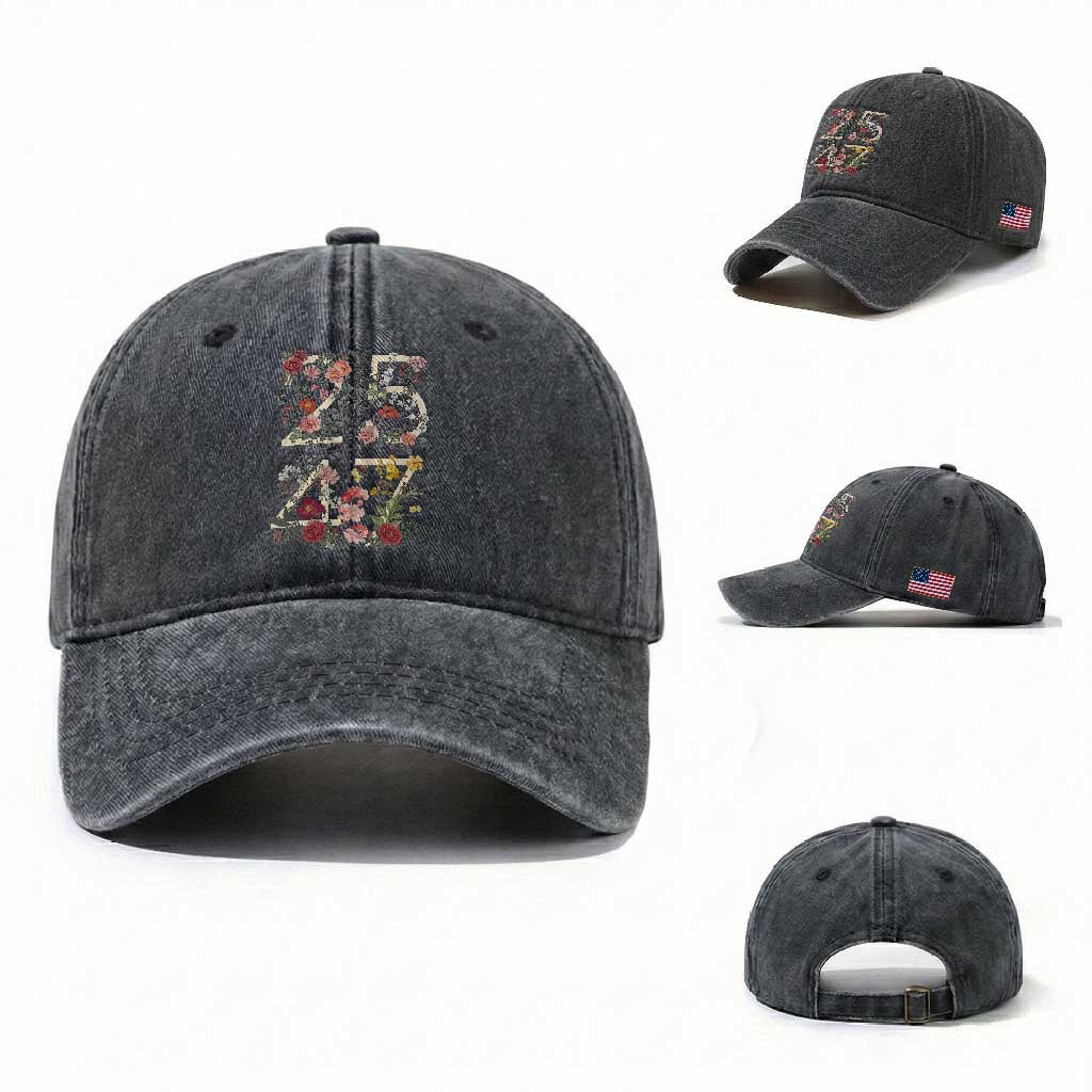 2547 Wildflower Floral Graphic Washed Cotton Baseball Cap Subtle Coded 25th Amendment Political Satire Aesthetic
