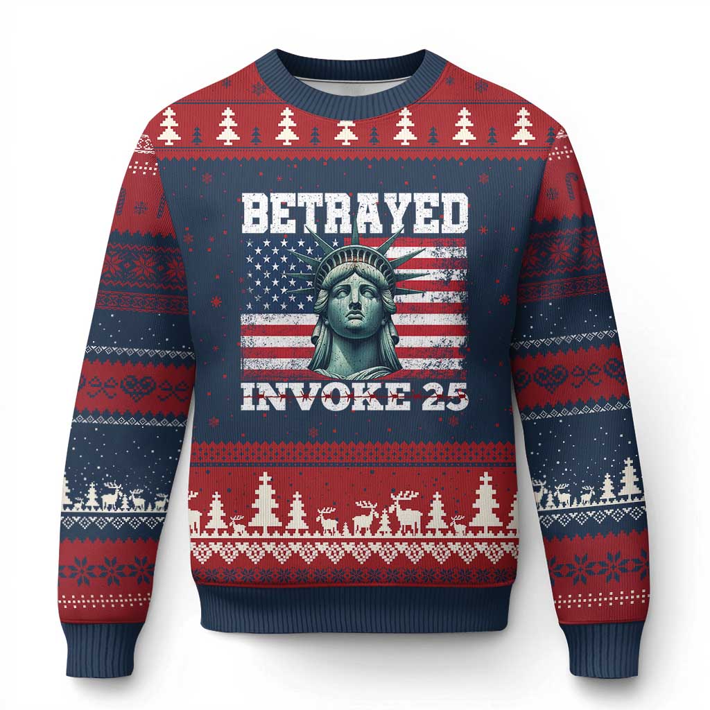 Betrayed Invoke 25 Statue of Liberty Crying Ugly Christmas Sweater 25th Amendment Distressed Flag Political Satire Graphic