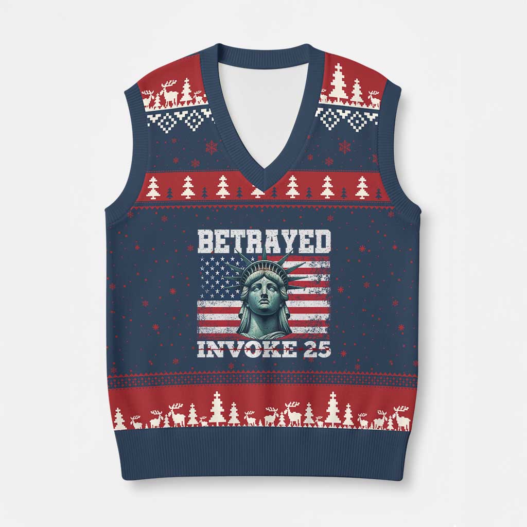 Betrayed Invoke 25 Statue of Liberty Crying V-Neck Knit Sweater Vest 25th Amendment Distressed Flag Political Satire Graphic