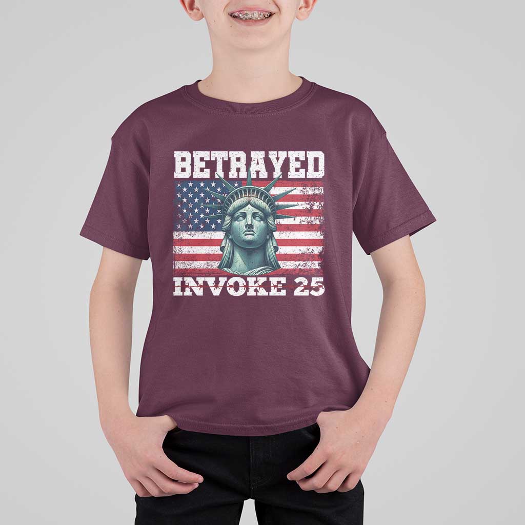 Betrayed Invoke 25 Statue of Liberty Crying T Shirt For Kid 25th Amendment Distressed Flag Political Satire Graphic