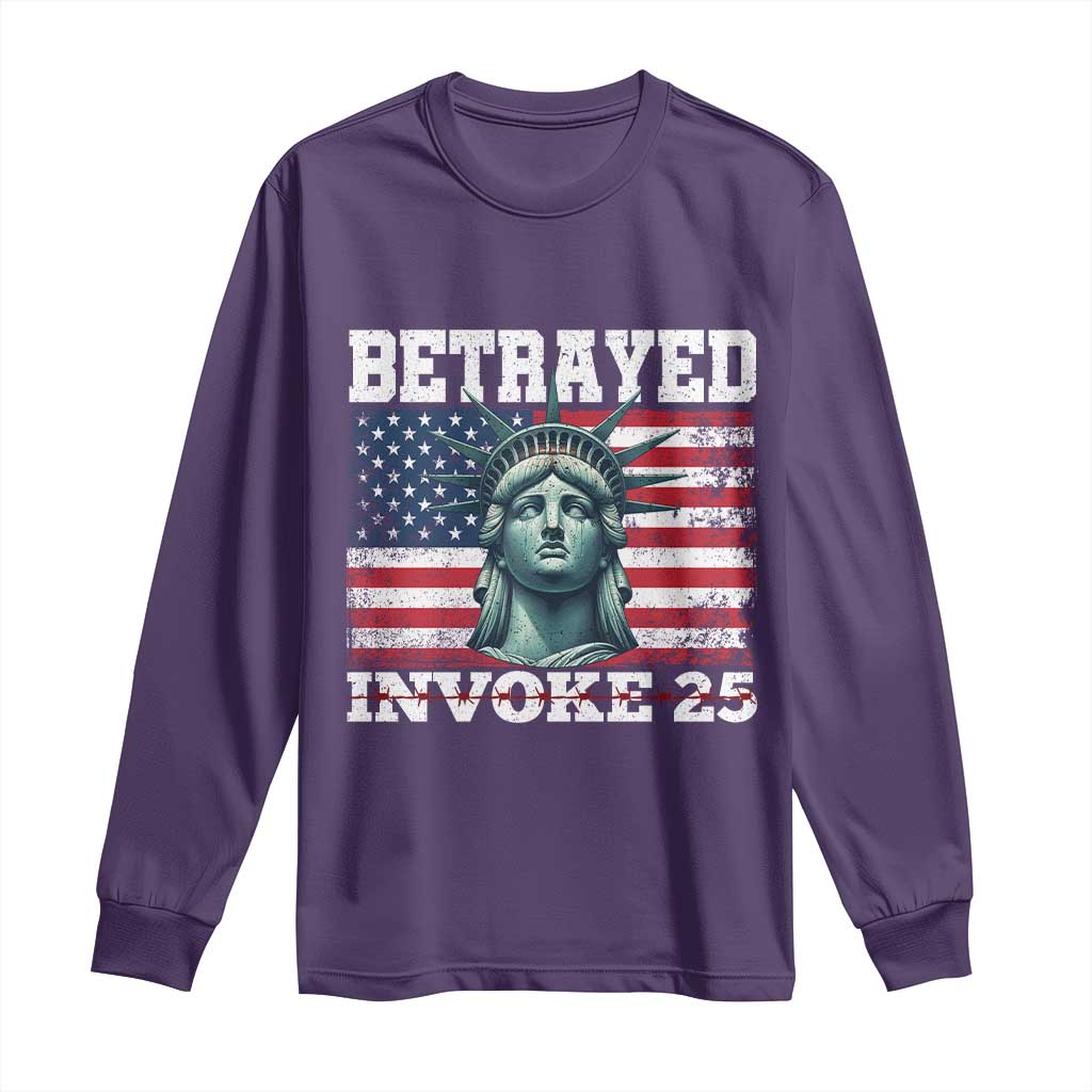 Betrayed Invoke 25 Statue of Liberty Crying Long Sleeve Shirt 25th Amendment Distressed Flag Political Satire Graphic