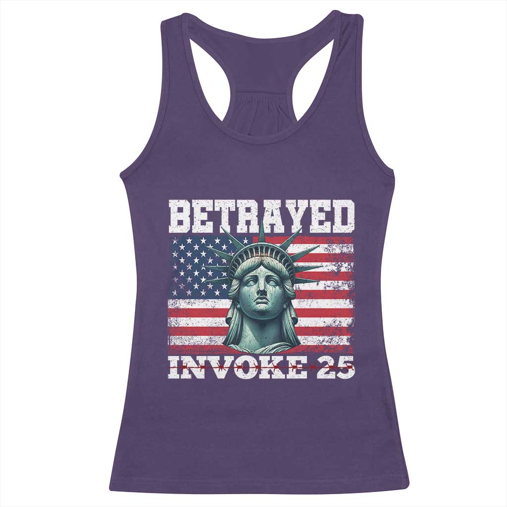 Betrayed Invoke 25 Statue of Liberty Crying Racerback Tank Top 25th Amendment Distressed Flag Political Satire Graphic