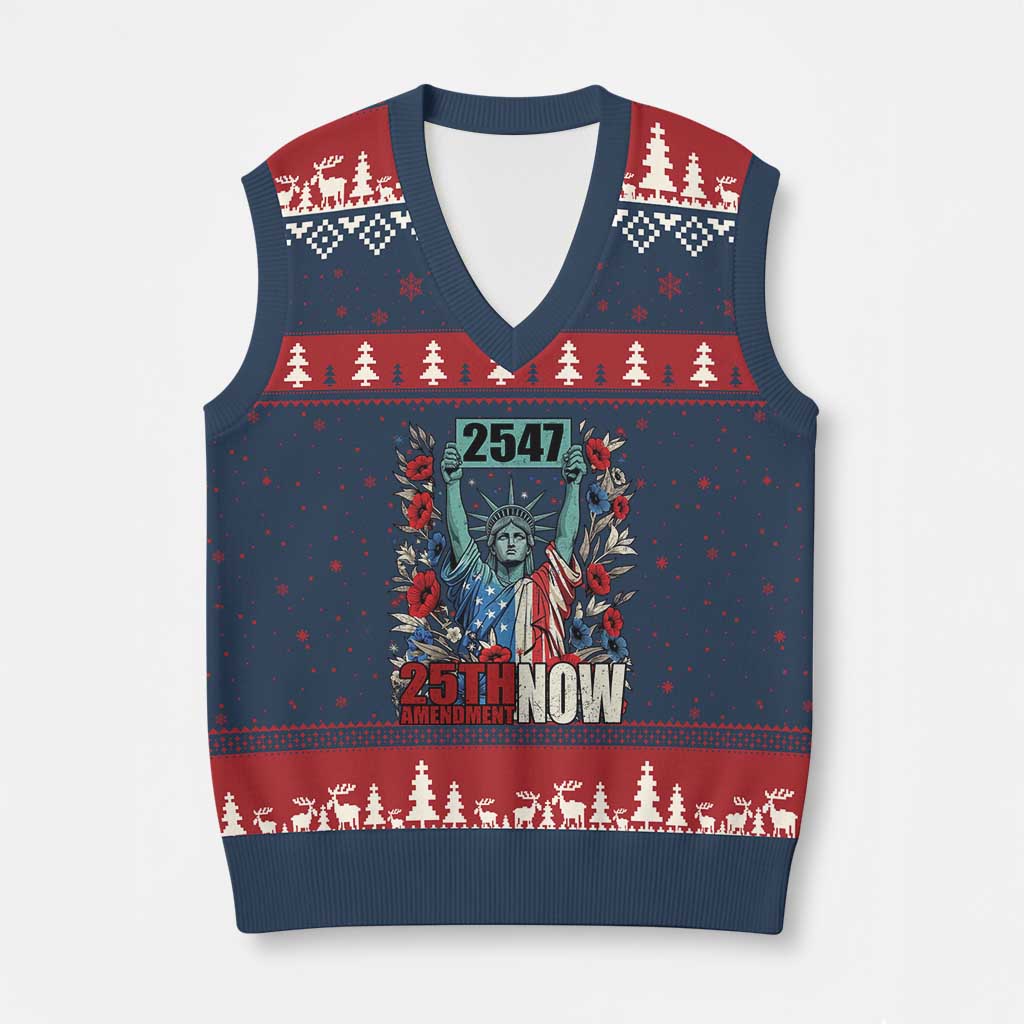 25th Amendment Now 2547 V-Neck Knit Sweater Vest Statue of Liberty Floral Political Statement Graphic