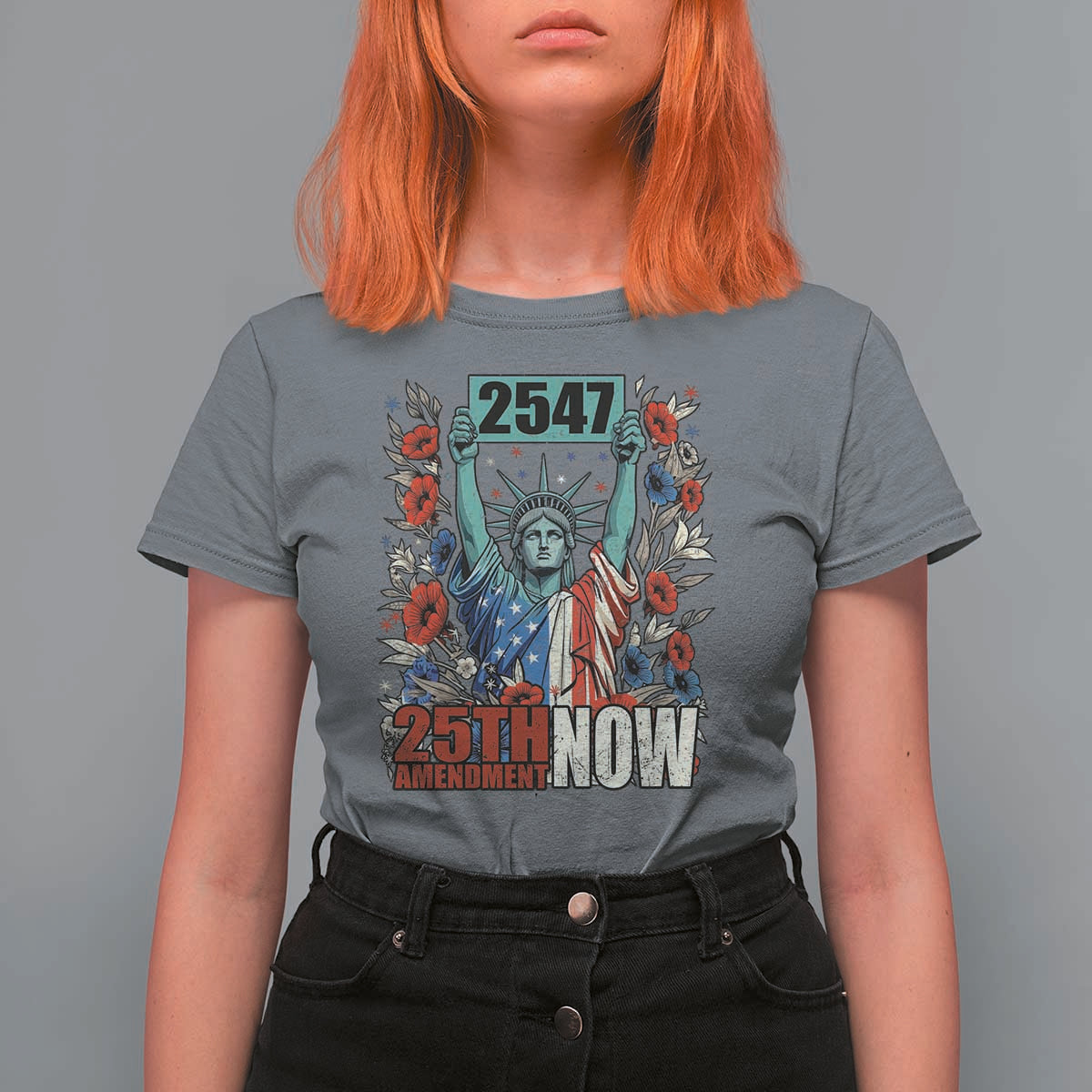 25th Amendment Now 2547 T Shirt For Women Statue of Liberty Floral Political Statement Graphic