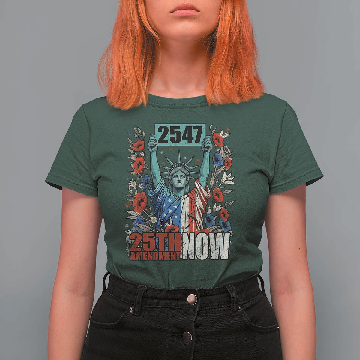 25th Amendment Now 2547 T Shirt For Women Statue of Liberty Floral Political Statement Graphic