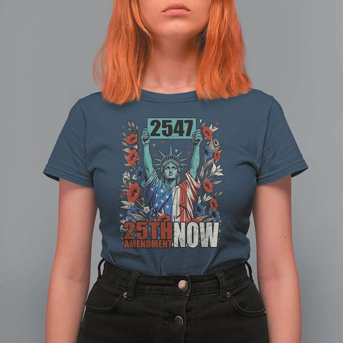 25th Amendment Now 2547 T Shirt For Women Statue of Liberty Floral Political Statement Graphic