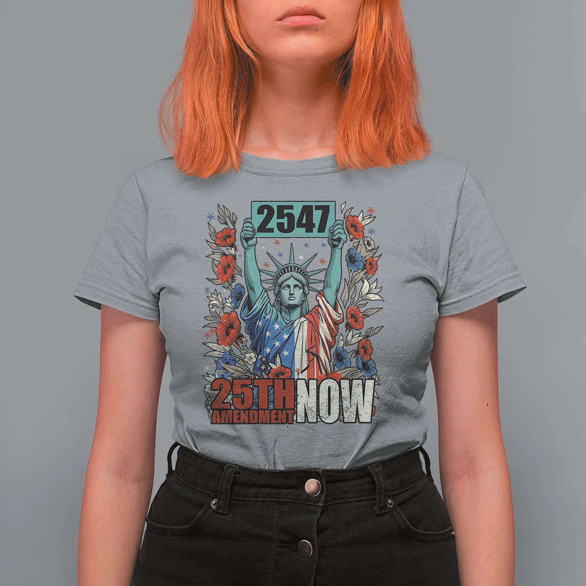 25th Amendment Now 2547 T Shirt For Women Statue of Liberty Floral Political Statement Graphic