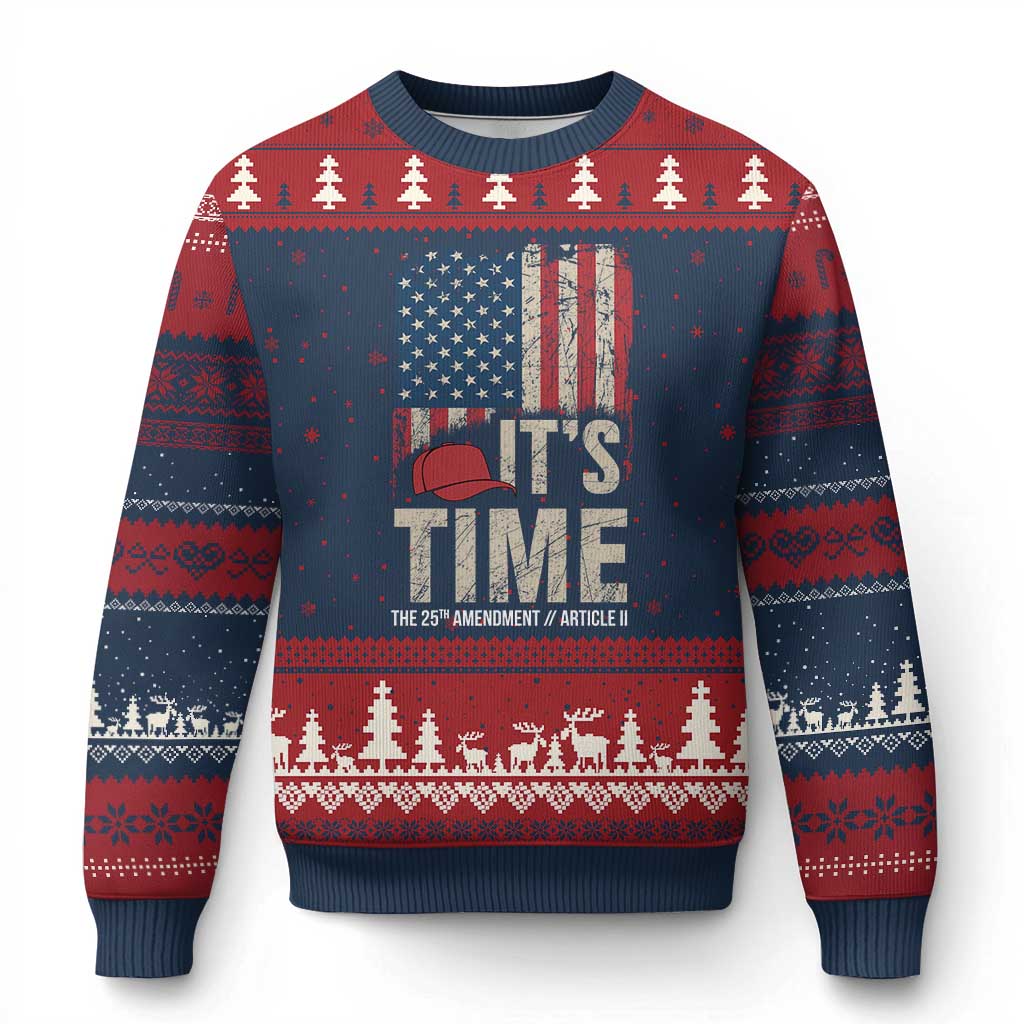 It's Time The 25th Amendment Ugly Christmas Sweater Article II Red Hat Distressed American Flag Graphic