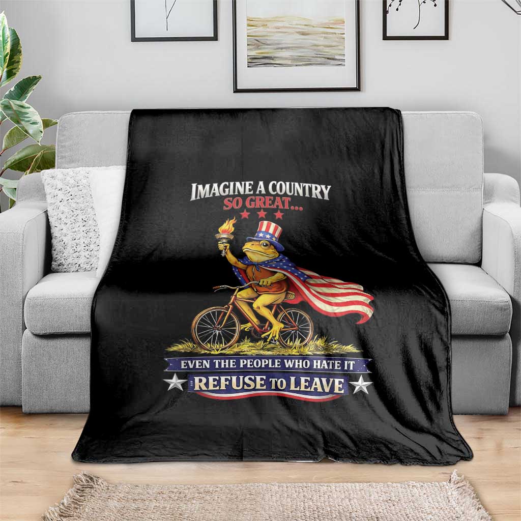 Proud American Humor Patriotic Frog On Bicycle Graphic Throw Blanket Imagine A Country So Great Pride