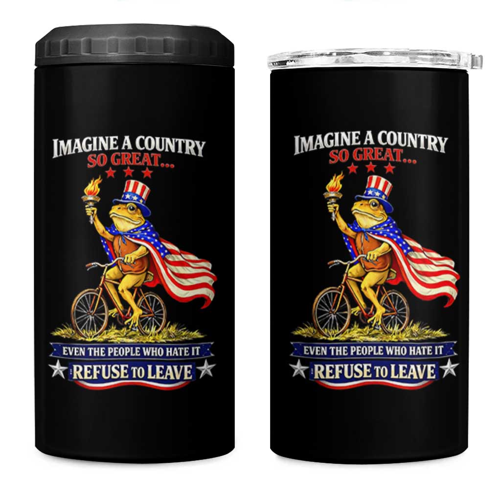 Proud American Humor Patriotic Frog On Bicycle Graphic 4 in 1 Can Cooler Tumbler Imagine A Country So Great Pride