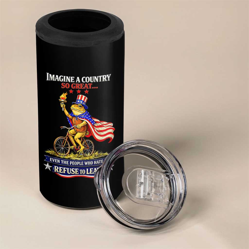Proud American Humor Patriotic Frog On Bicycle Graphic 4 in 1 Can Cooler Tumbler Imagine A Country So Great Pride