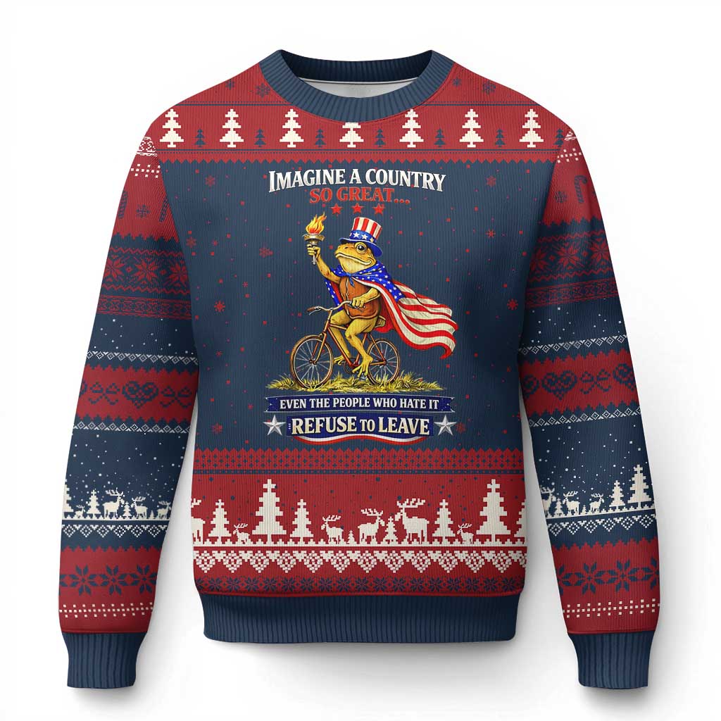 Proud American Humor Patriotic Frog On Bicycle Graphic Ugly Christmas Sweater Imagine A Country So Great Pride