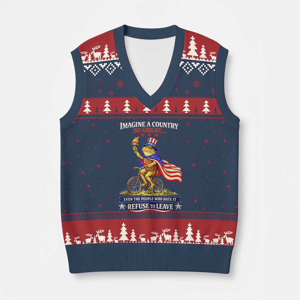 Proud American Humor Patriotic Frog On Bicycle Graphic V-Neck Knit Sweater Vest Imagine A Country So Great Pride