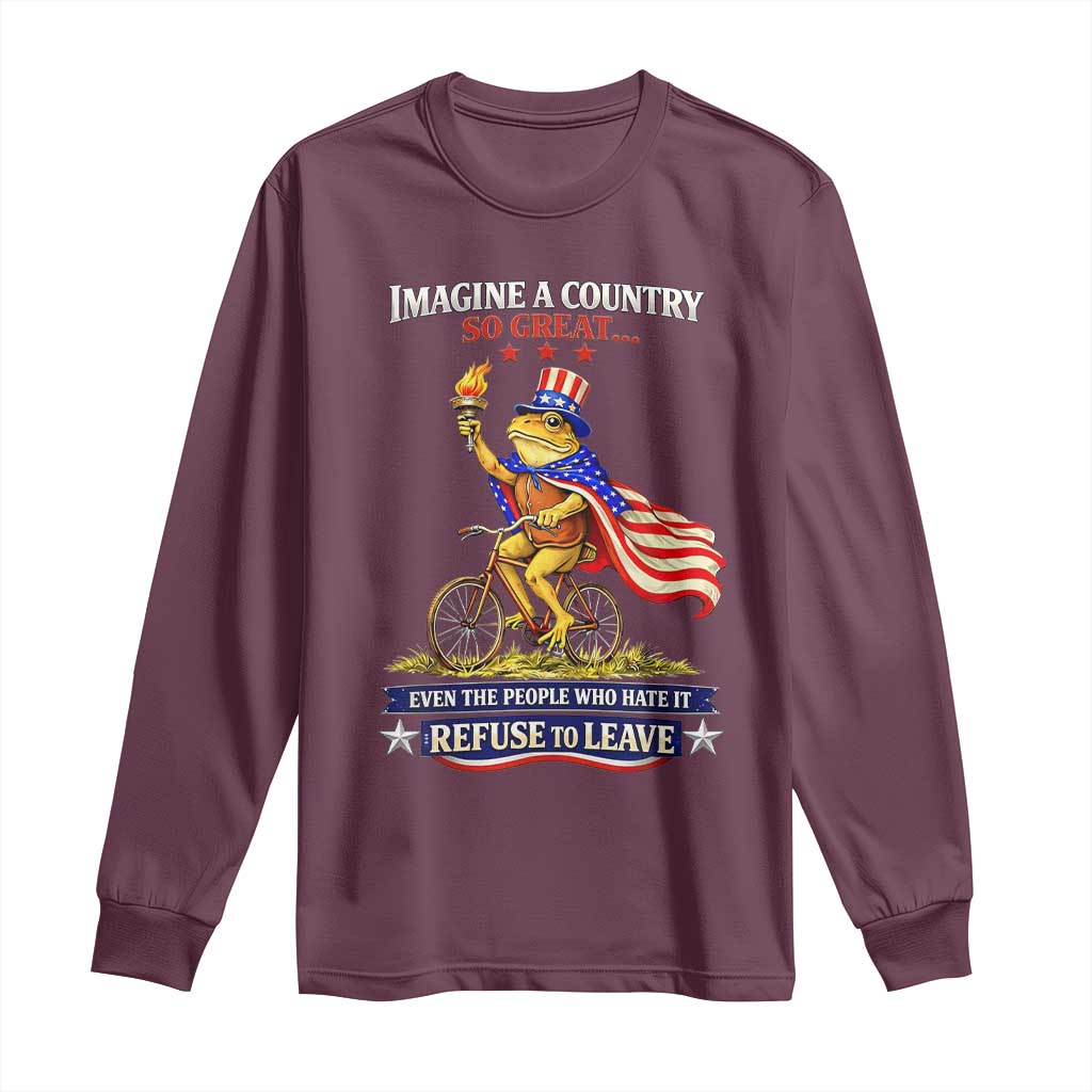 Proud American Humor Patriotic Frog On Bicycle Graphic Long Sleeve Shirt Imagine A Country So Great Pride