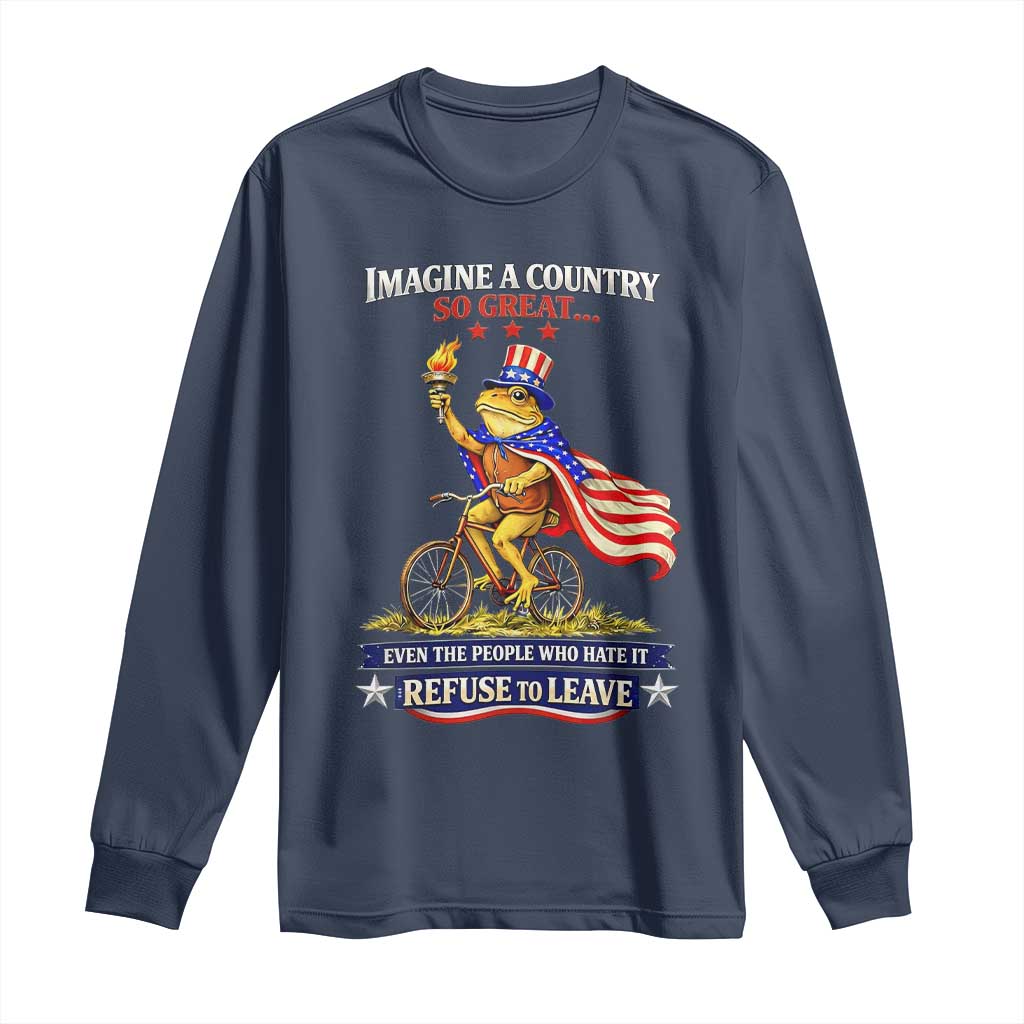 Proud American Humor Patriotic Frog On Bicycle Graphic Long Sleeve Shirt Imagine A Country So Great Pride